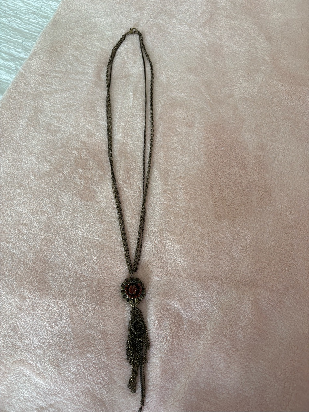 Vintage-Inspired Bronze Tassel Pendant Necklace with Red Accent
